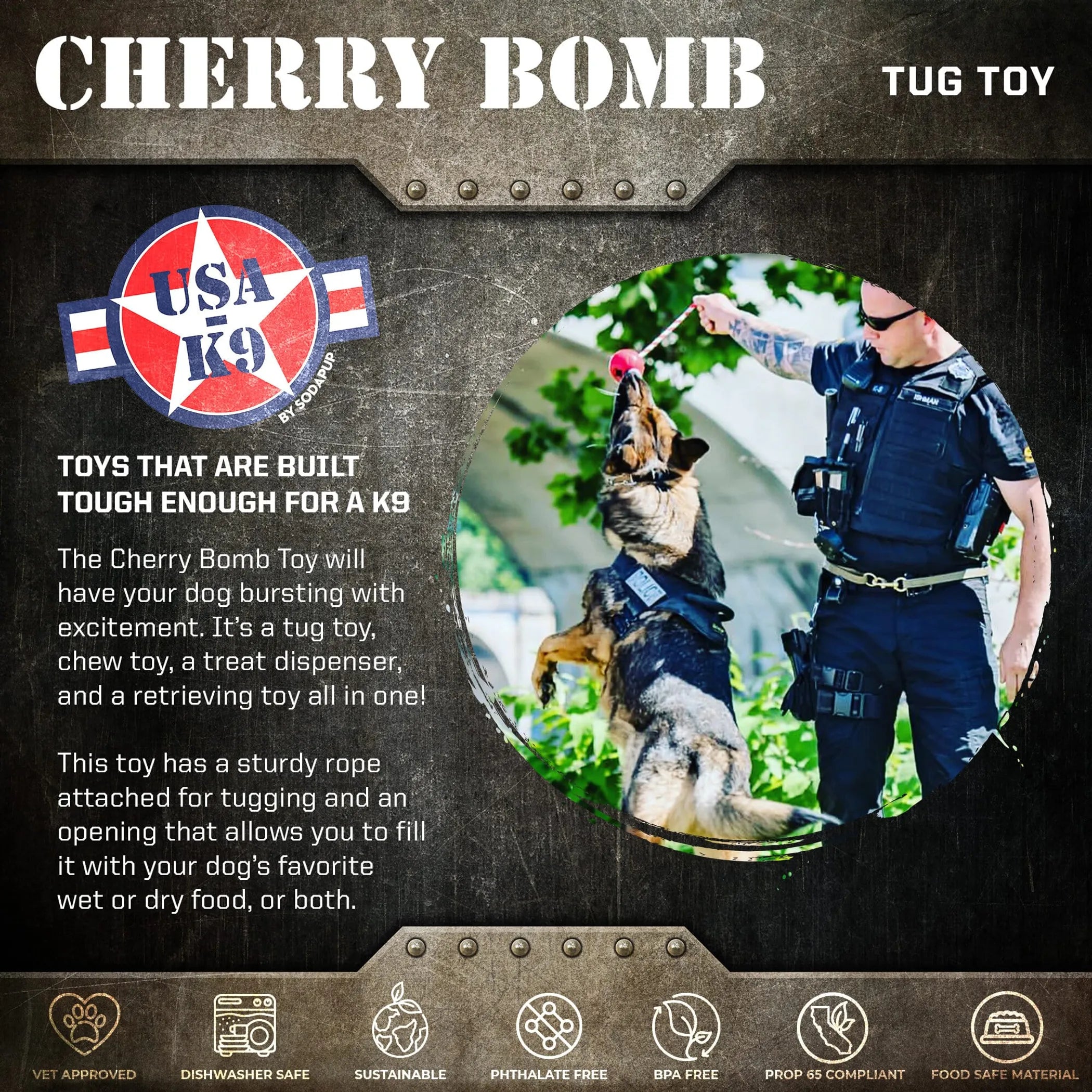 USA-K9 Cherry Bomb Durable Rubber Chew Toy, Treat Dispenser, Reward Toy